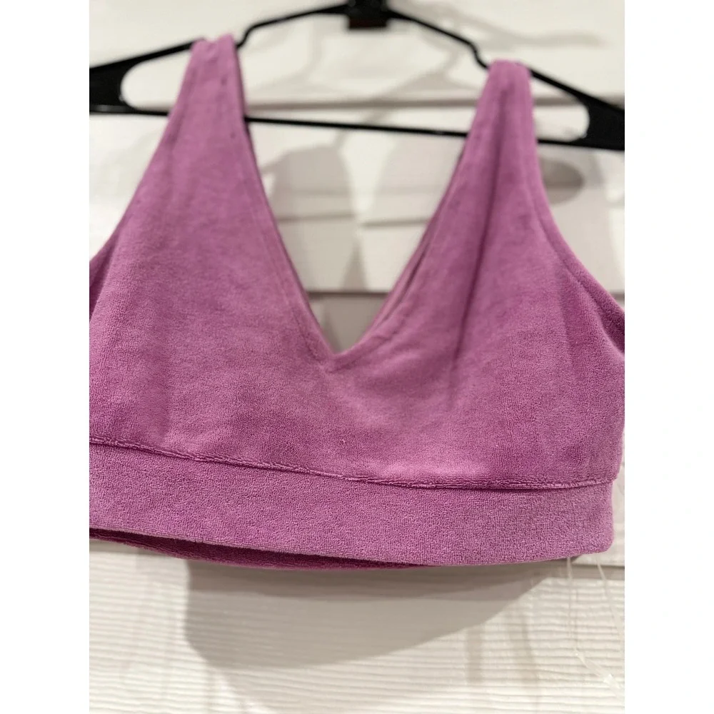 B- 036- 3 Piece Terry Cloth Lounge Set Orchid Pink Crop Top Bralette Wide Leg
